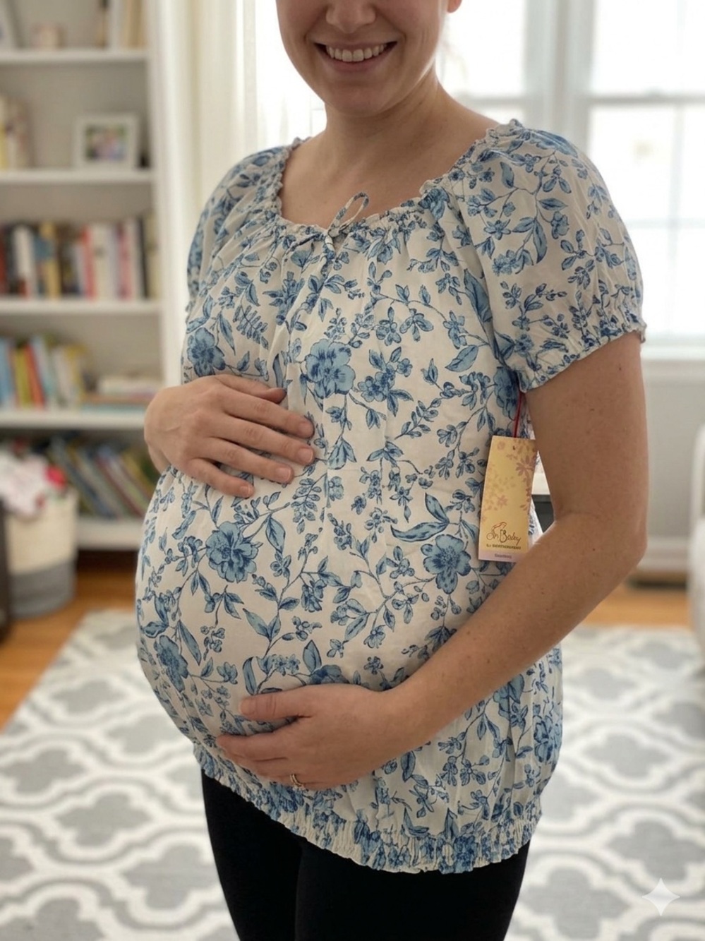 NEW Oh Baby! By Motherhood Maternity blue floral elastic trim blouse 100% cotton